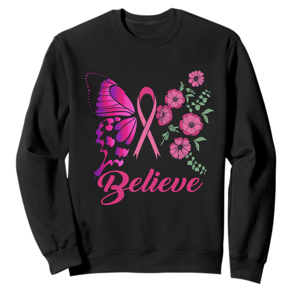 Breast Cancer Support Squad Sweatshirt Believe Butterfly Flower Pink Ribbon