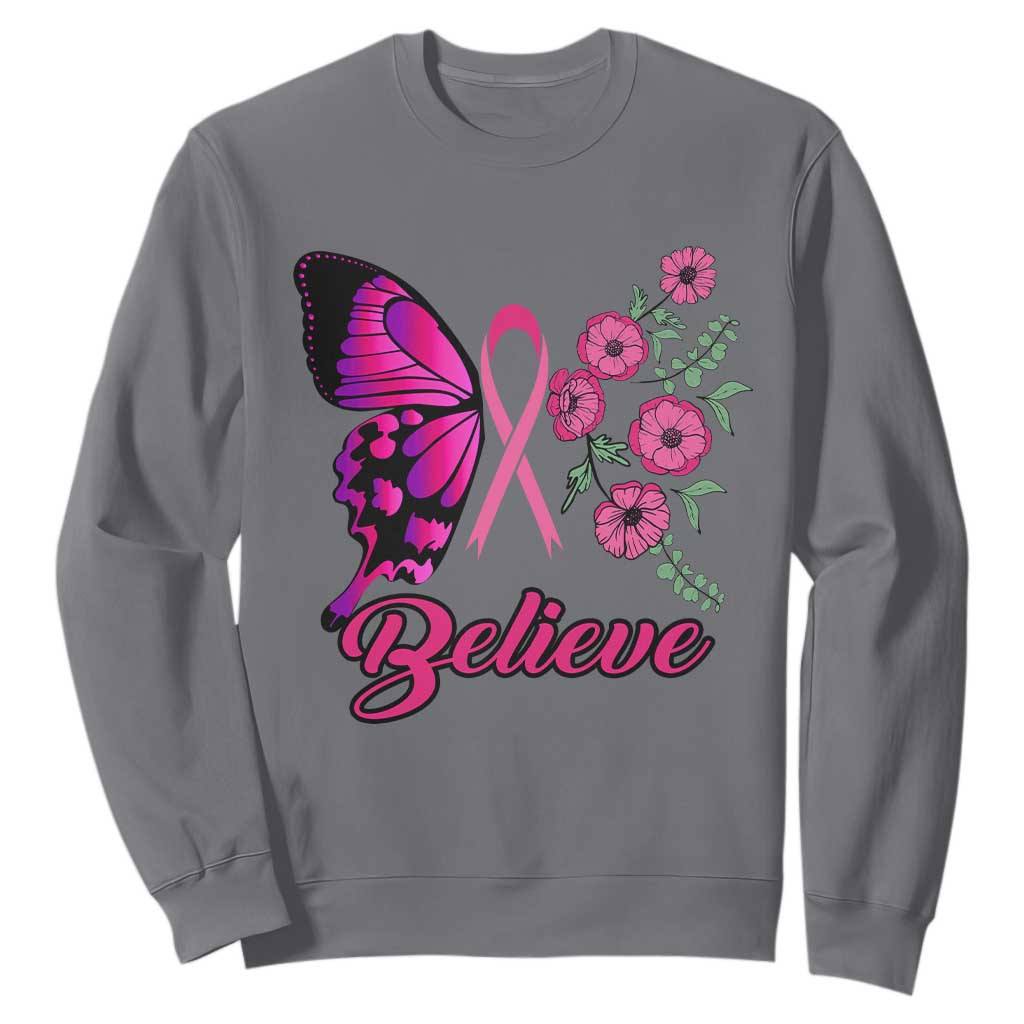 Breast Cancer Support Squad Sweatshirt Believe Butterfly Flower Pink Ribbon