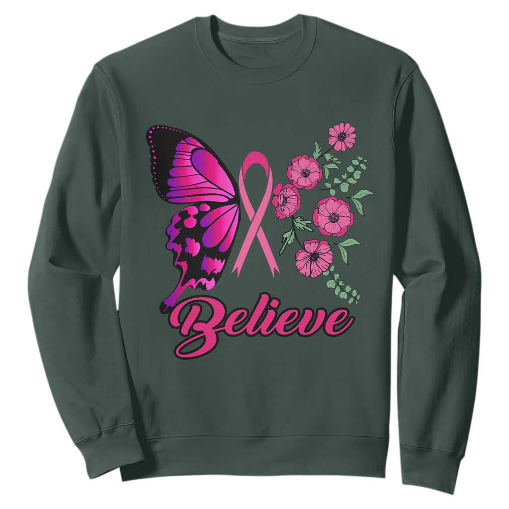 Breast Cancer Support Squad Sweatshirt Believe Butterfly Flower Pink Ribbon