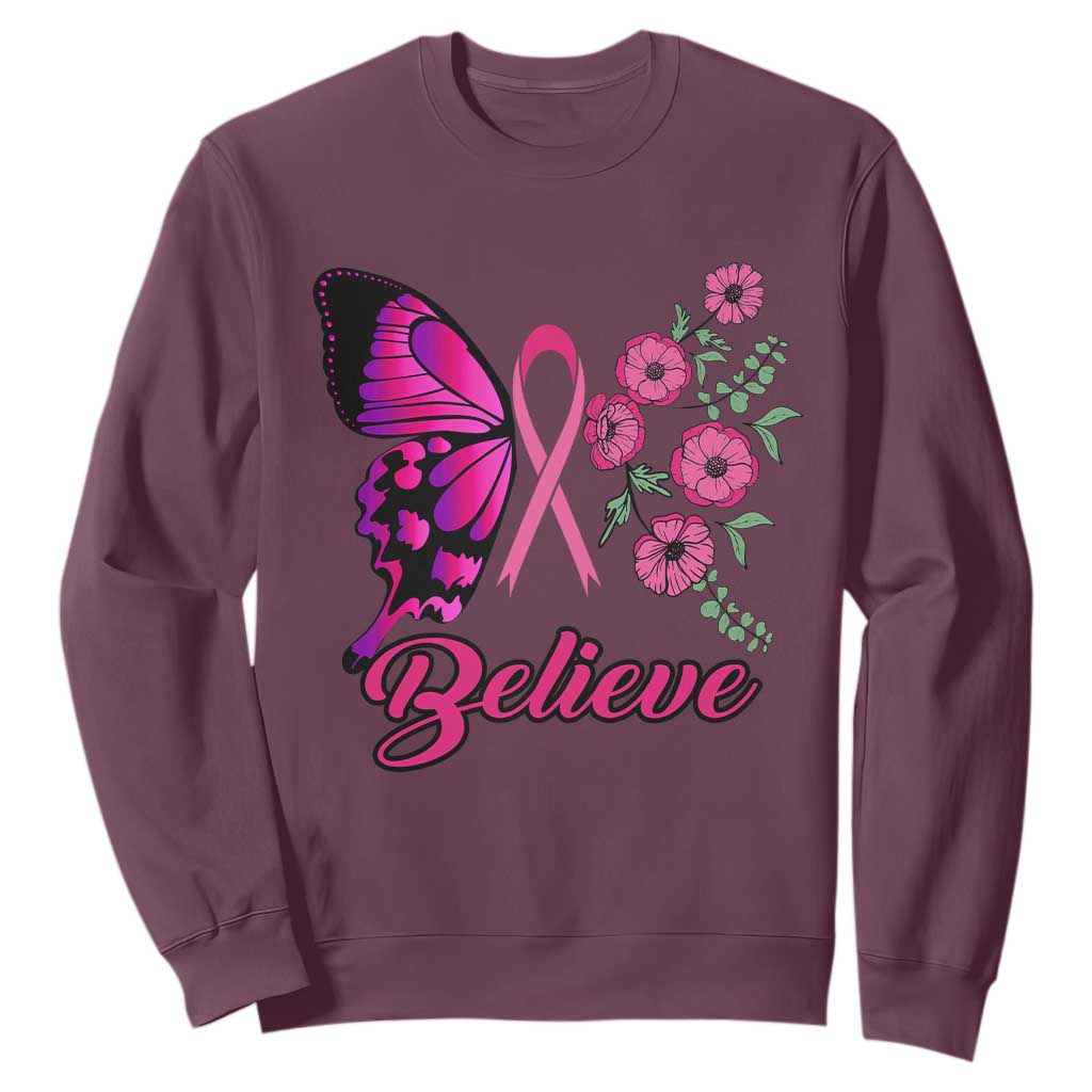 Breast Cancer Support Squad Sweatshirt Believe Butterfly Flower Pink Ribbon