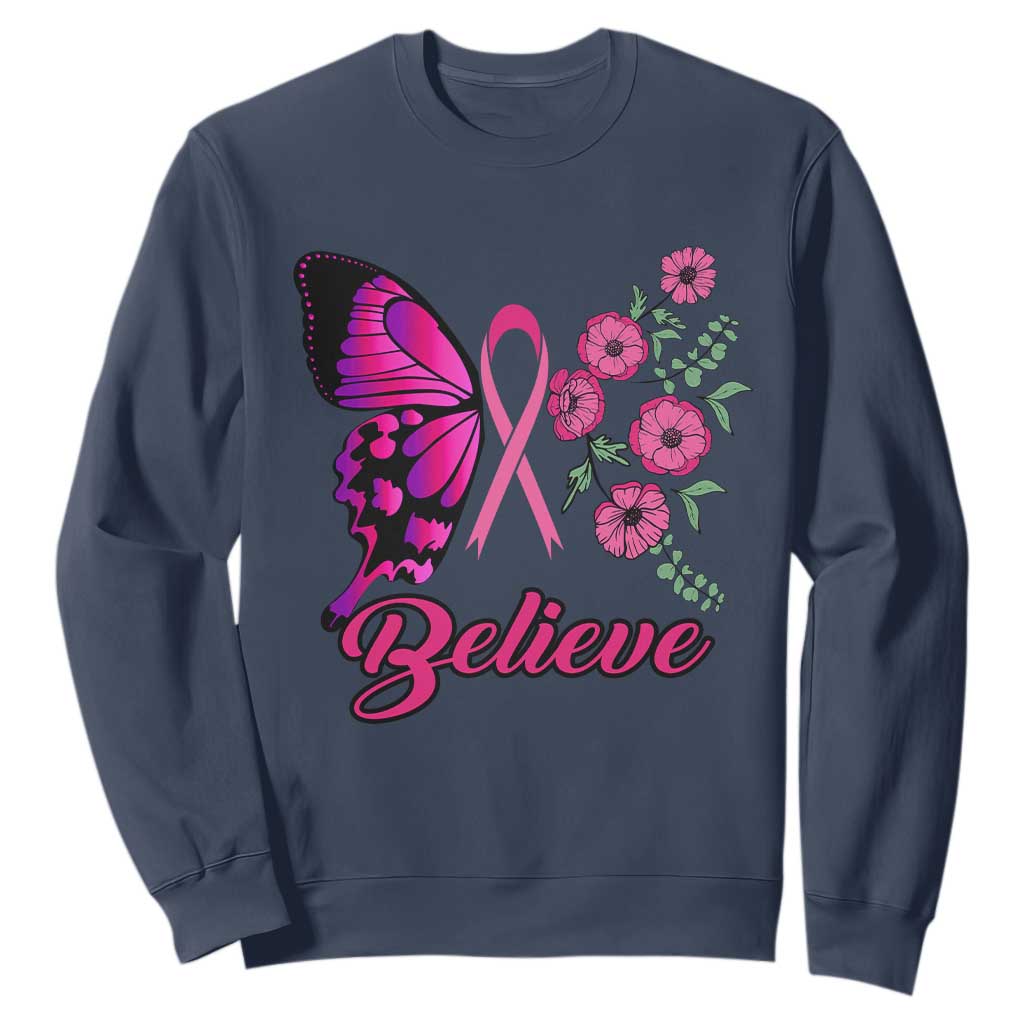 Breast Cancer Support Squad Sweatshirt Believe Butterfly Flower Pink Ribbon