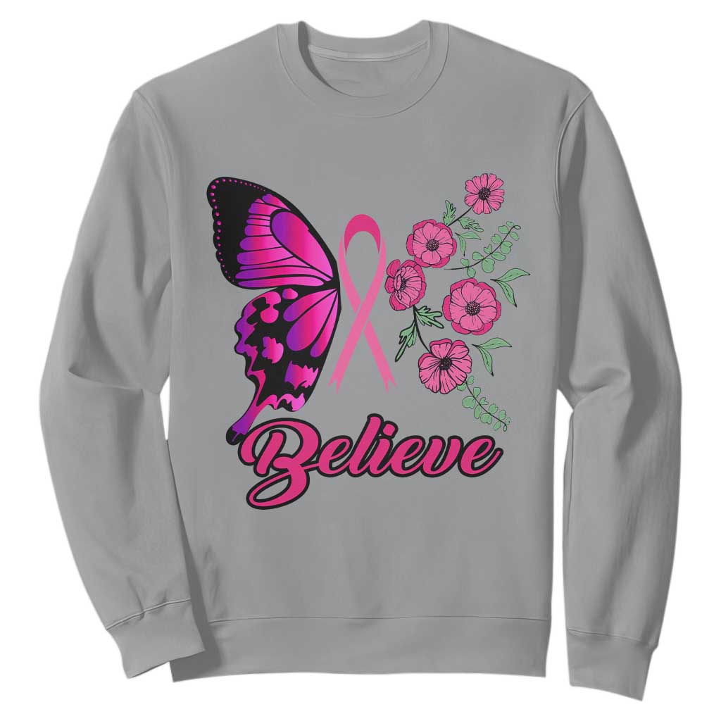 Breast Cancer Support Squad Sweatshirt Believe Butterfly Flower Pink Ribbon