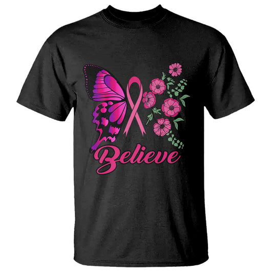 Breast Cancer Support Squad T Shirt Believe Butterfly Flower Pink Ribbon