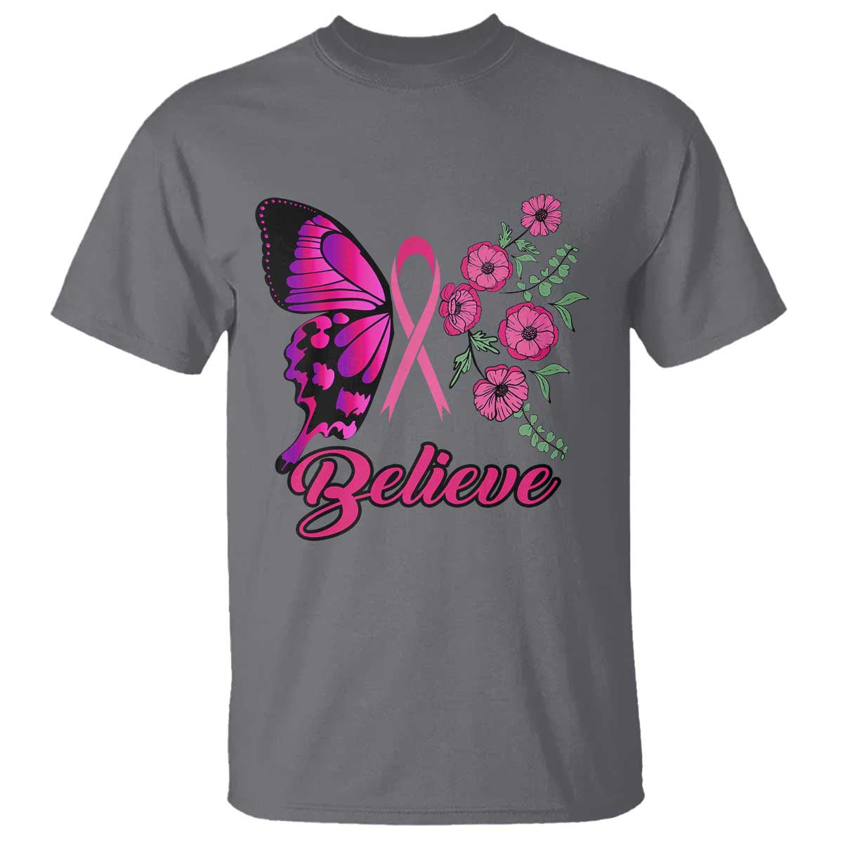 Breast Cancer Support Squad T Shirt Believe Butterfly Flower Pink Ribbon