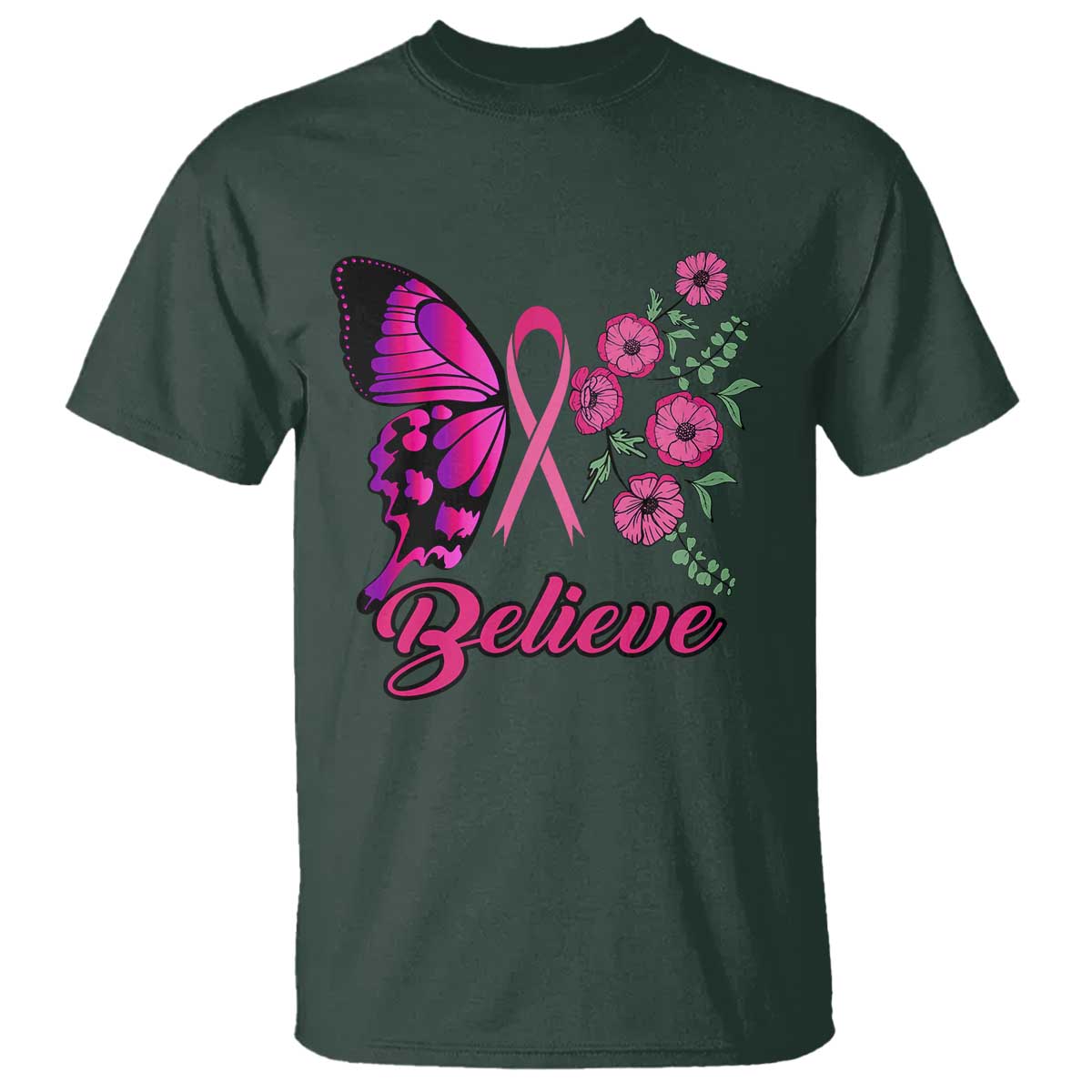 Breast Cancer Support Squad T Shirt Believe Butterfly Flower Pink Ribbon
