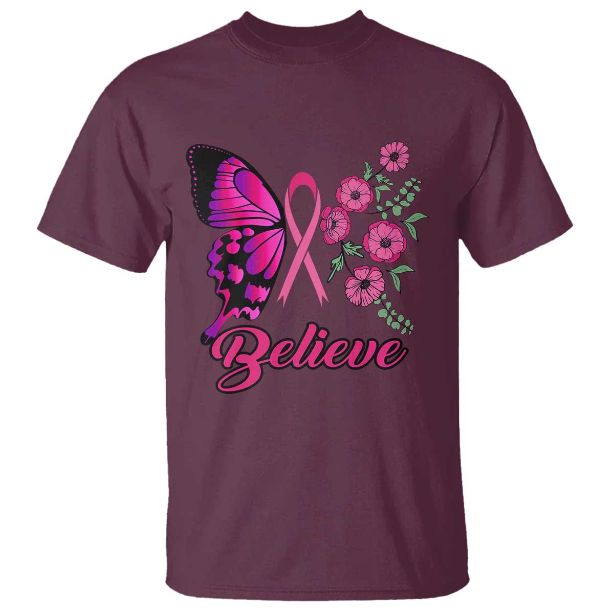 Breast Cancer Support Squad T Shirt Believe Butterfly Flower Pink Ribbon