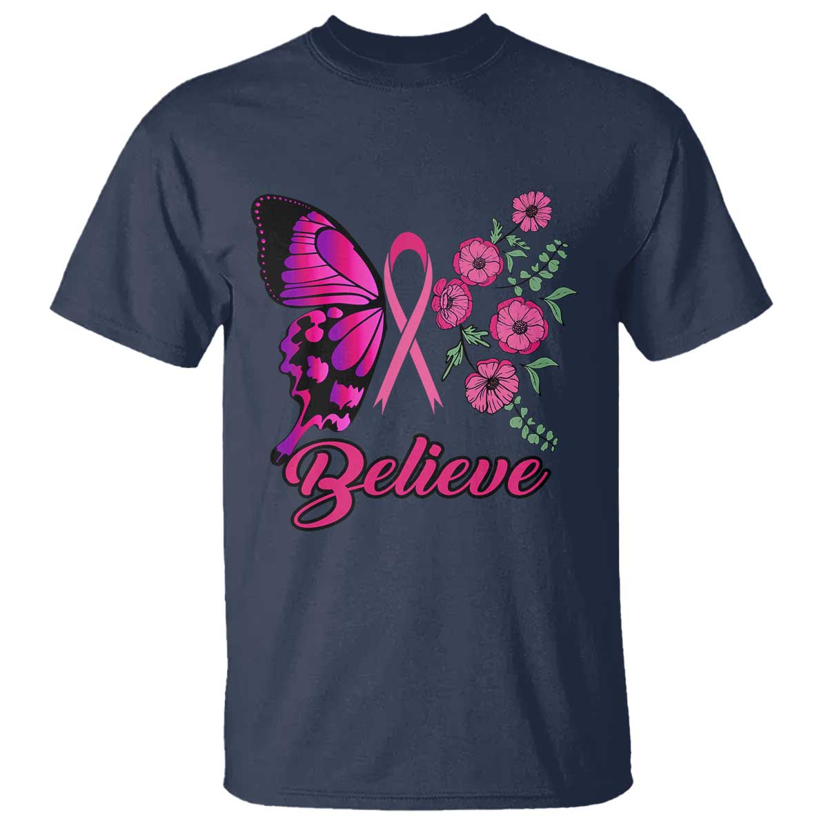 Breast Cancer Support Squad T Shirt Believe Butterfly Flower Pink Ribbon