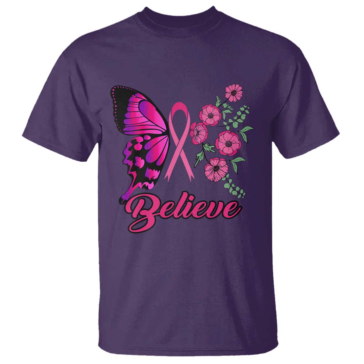 Breast Cancer Support Squad T Shirt Believe Butterfly Flower Pink Ribbon