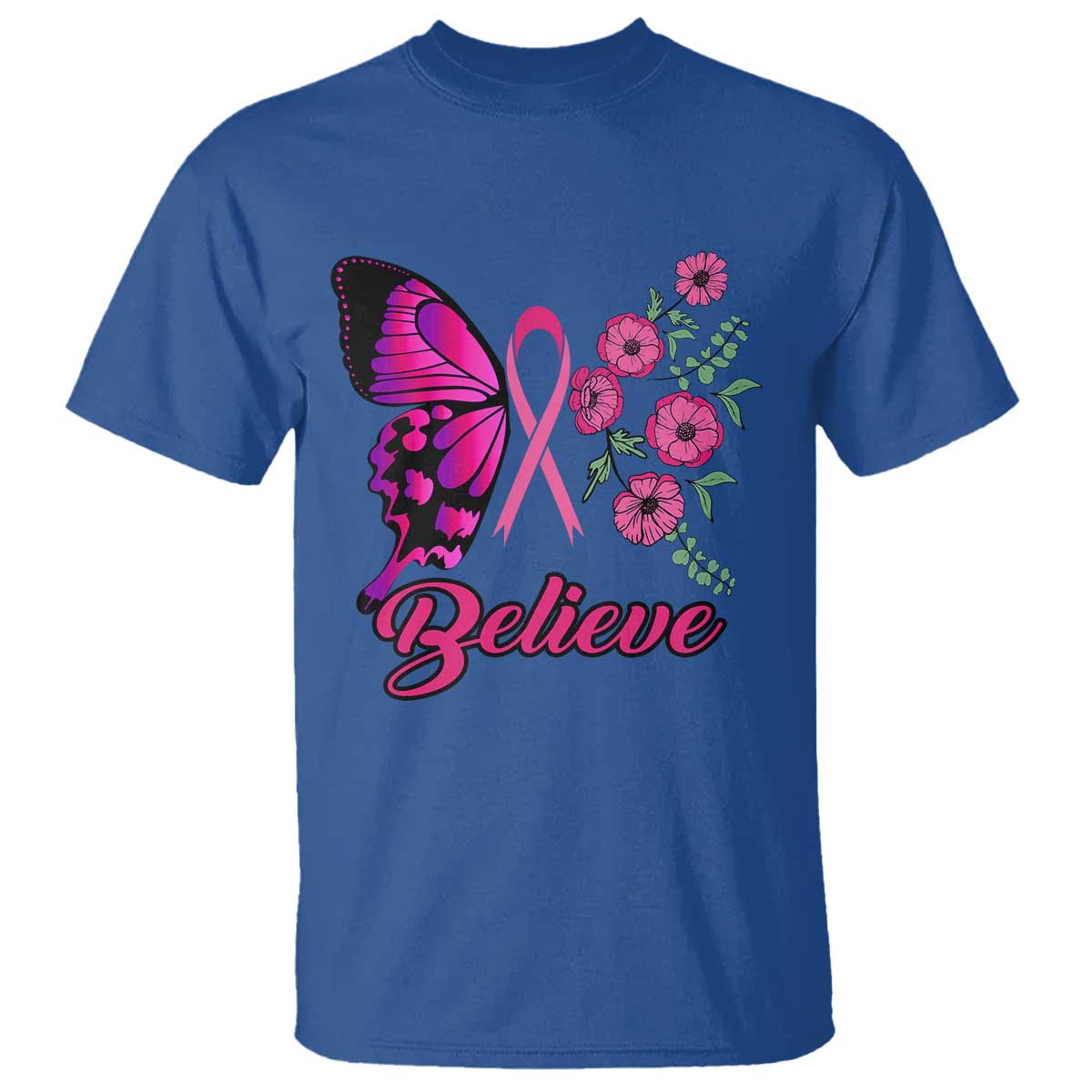 Breast Cancer Support Squad T Shirt Believe Butterfly Flower Pink Ribbon