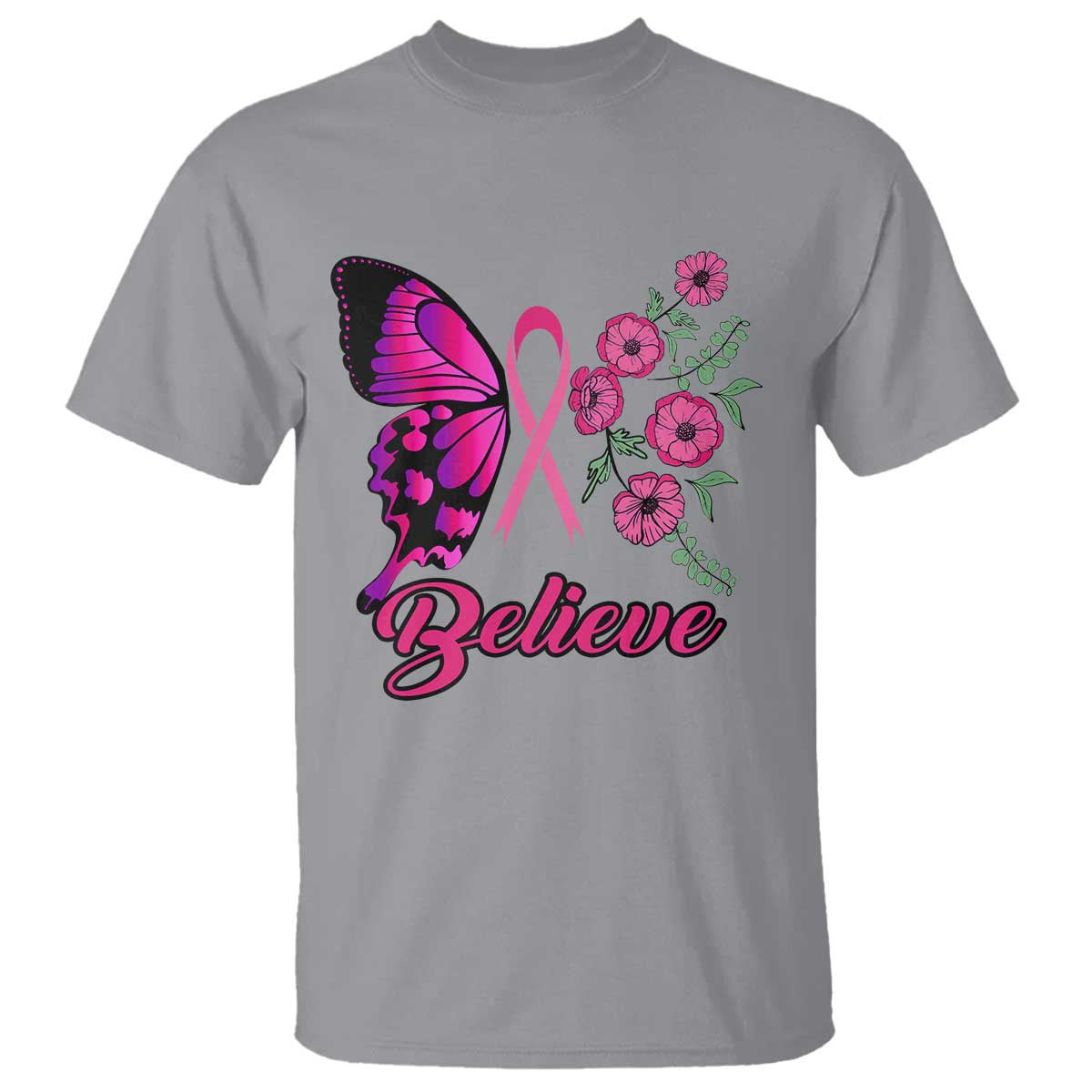 Breast Cancer Support Squad T Shirt Believe Butterfly Flower Pink Ribbon
