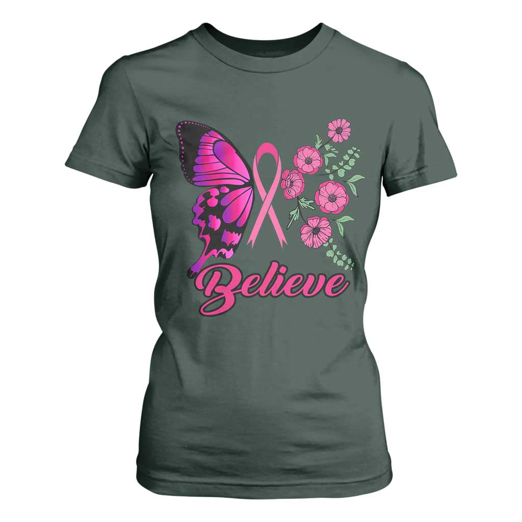 Breast Cancer Support Squad T Shirt For Women Believe Butterfly Flower Pink Ribbon