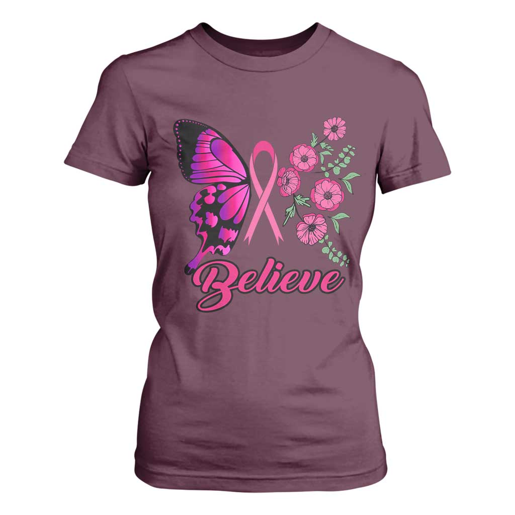 Breast Cancer Support Squad T Shirt For Women Believe Butterfly Flower Pink Ribbon