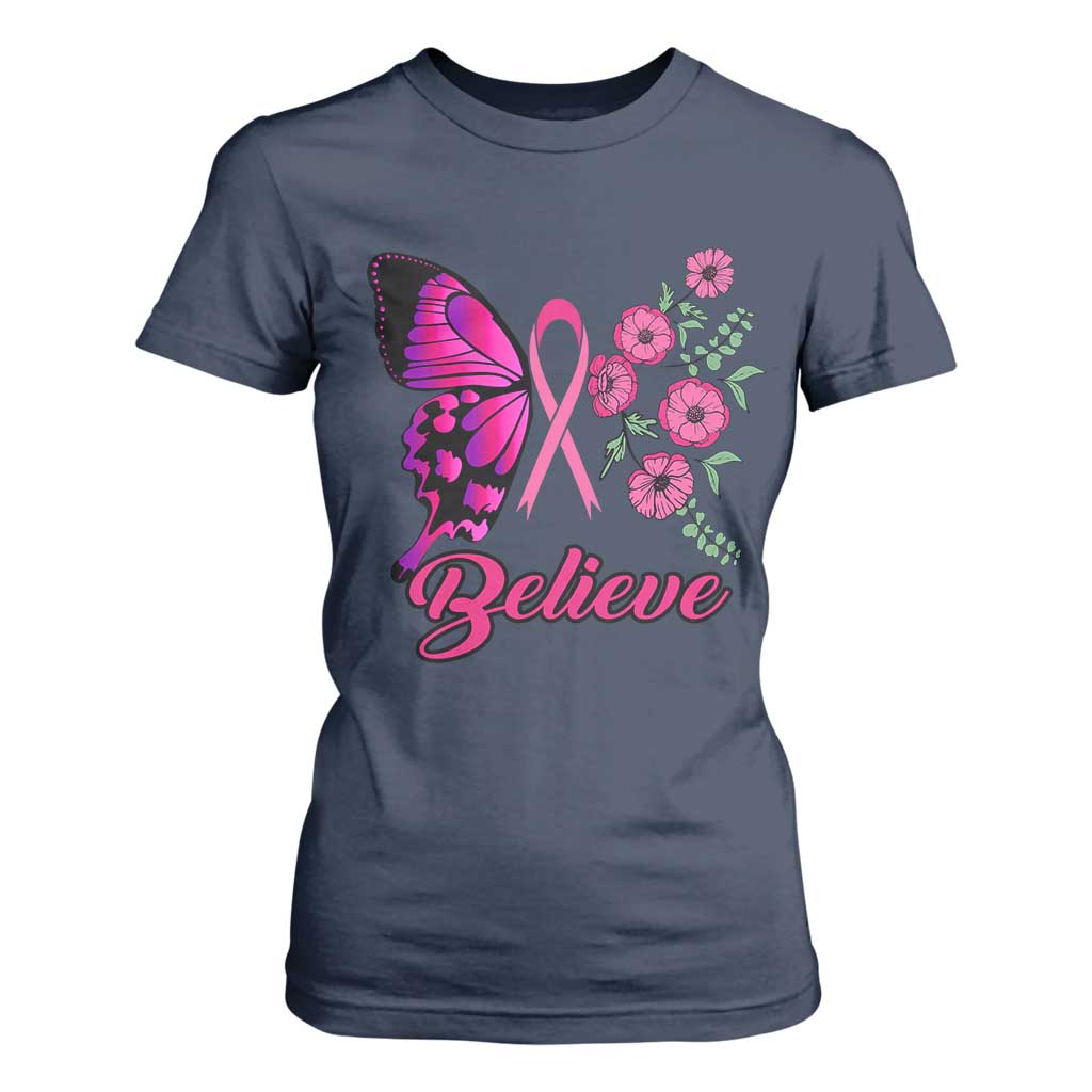 Breast Cancer Support Squad T Shirt For Women Believe Butterfly Flower Pink Ribbon