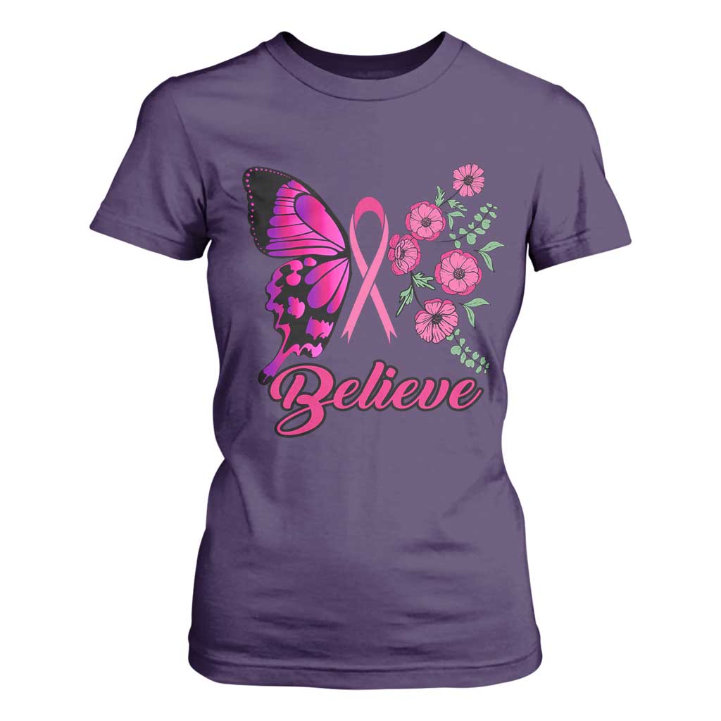 Breast Cancer Support Squad T Shirt For Women Believe Butterfly Flower Pink Ribbon