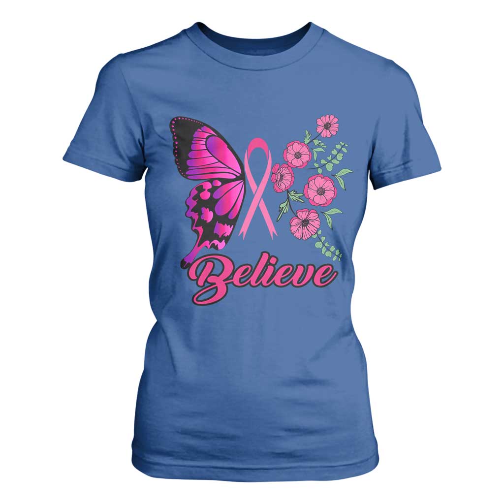 Breast Cancer Support Squad T Shirt For Women Believe Butterfly Flower Pink Ribbon