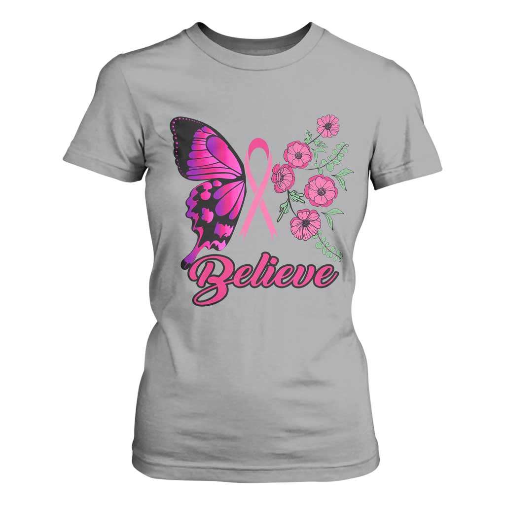 Breast Cancer Support Squad T Shirt For Women Believe Butterfly Flower Pink Ribbon