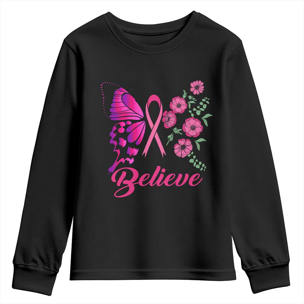 Breast Cancer Support Squad Youth Sweatshirt Believe Butterfly Flower Pink Ribbon
