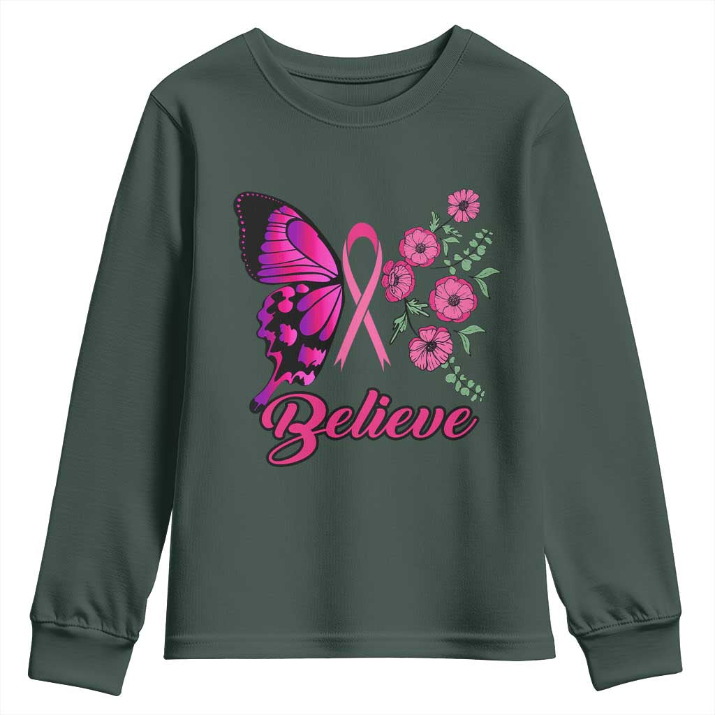 Breast Cancer Support Squad Youth Sweatshirt Believe Butterfly Flower Pink Ribbon