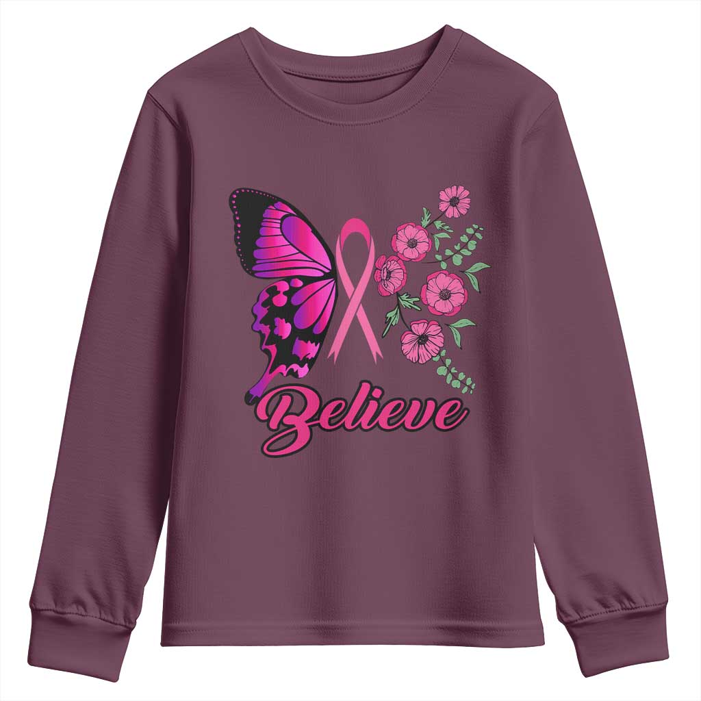 Breast Cancer Support Squad Youth Sweatshirt Believe Butterfly Flower Pink Ribbon