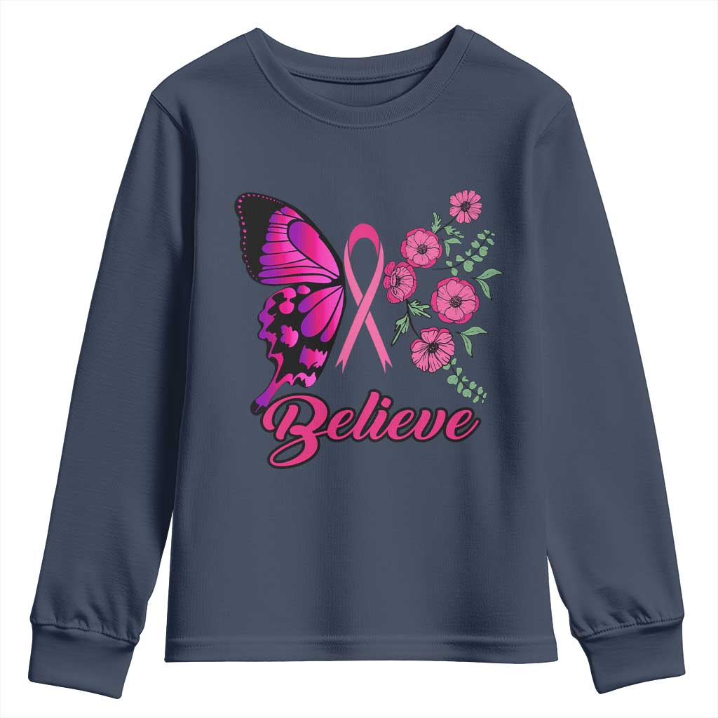 Breast Cancer Support Squad Youth Sweatshirt Believe Butterfly Flower Pink Ribbon