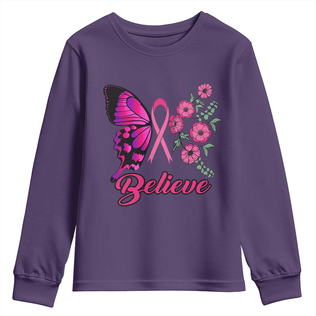 Breast Cancer Support Squad Youth Sweatshirt Believe Butterfly Flower Pink Ribbon