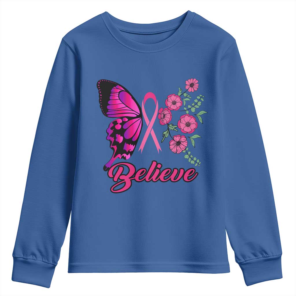 Breast Cancer Support Squad Youth Sweatshirt Believe Butterfly Flower Pink Ribbon