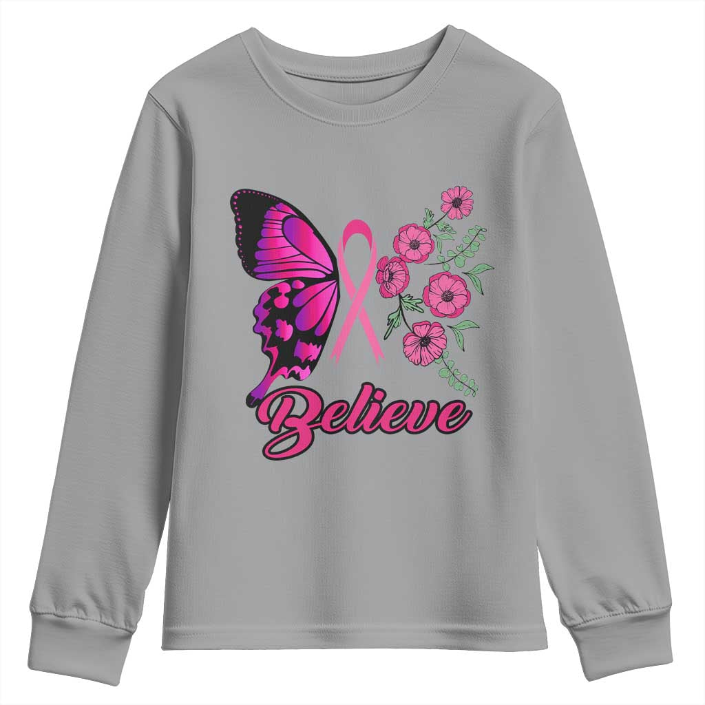 Breast Cancer Support Squad Youth Sweatshirt Believe Butterfly Flower Pink Ribbon