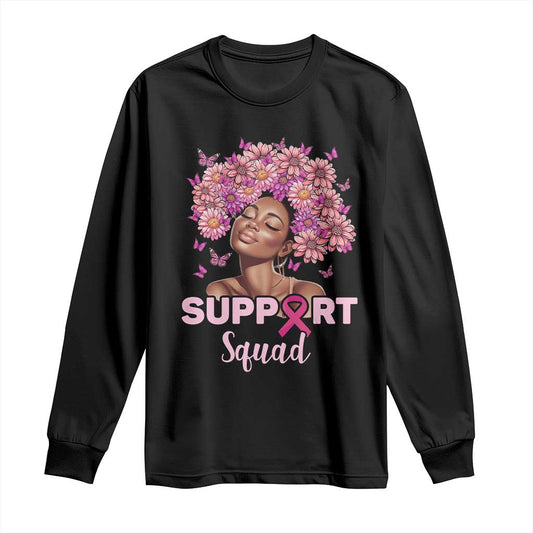 Breast Cancer Support Squad Long Sleeve Shirt Black Afro Women Warrior Pink Ribbon Sunflower