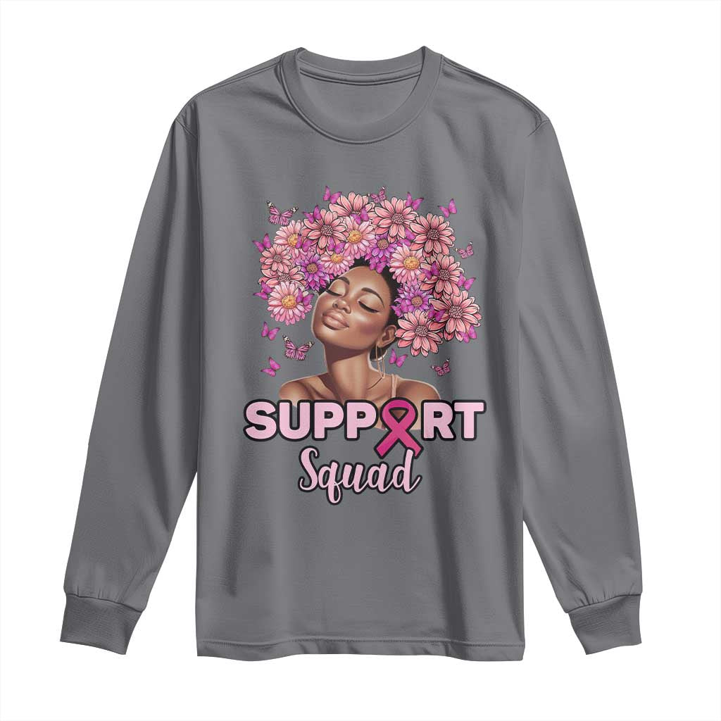 Breast Cancer Support Squad Long Sleeve Shirt Black Afro Women Warrior Pink Ribbon Sunflower