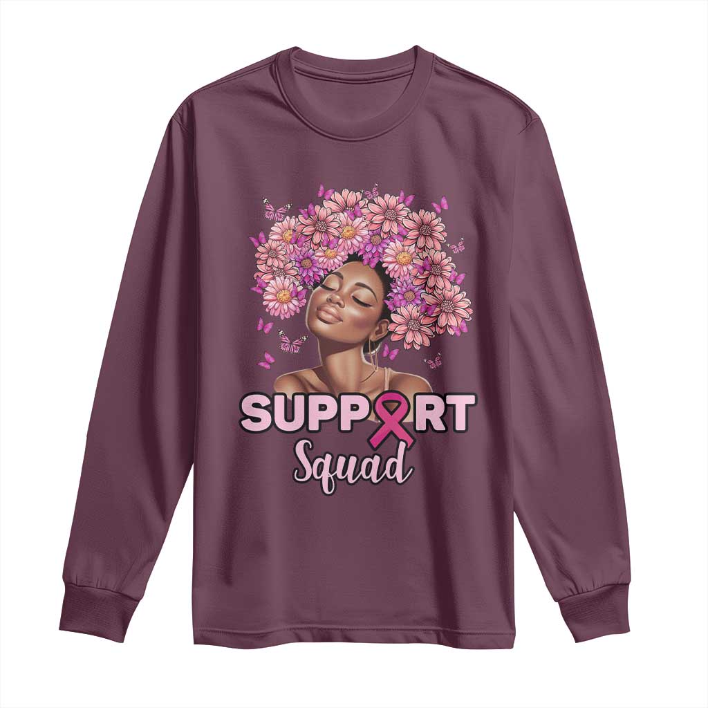Breast Cancer Support Squad Long Sleeve Shirt Black Afro Women Warrior Pink Ribbon Sunflower