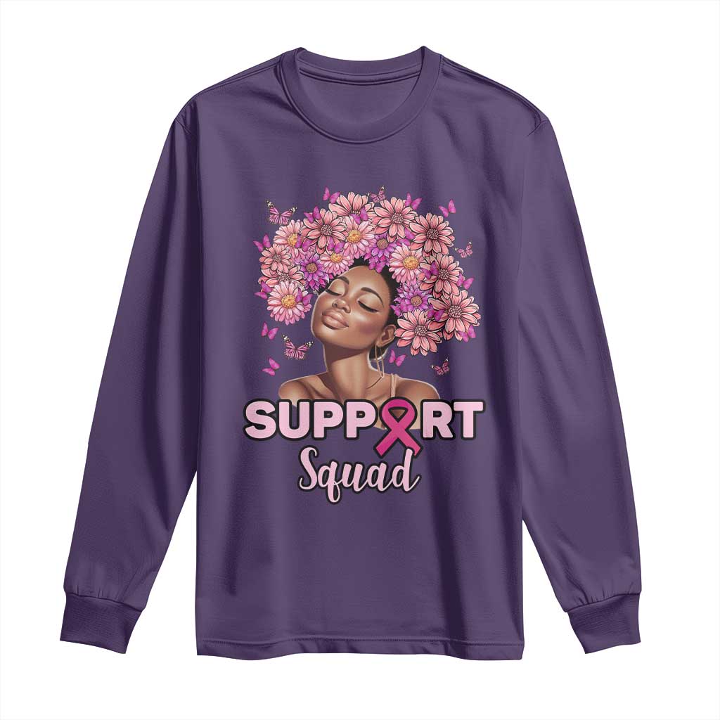 Breast Cancer Support Squad Long Sleeve Shirt Black Afro Women Warrior Pink Ribbon Sunflower
