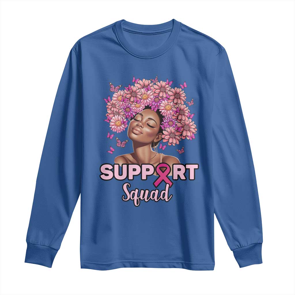Breast Cancer Support Squad Long Sleeve Shirt Black Afro Women Warrior Pink Ribbon Sunflower