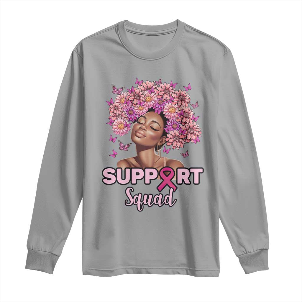 Breast Cancer Support Squad Long Sleeve Shirt Black Afro Women Warrior Pink Ribbon Sunflower