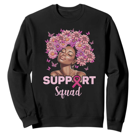 Breast Cancer Support Squad Sweatshirt Black Afro Women Warrior Pink Ribbon Sunflower