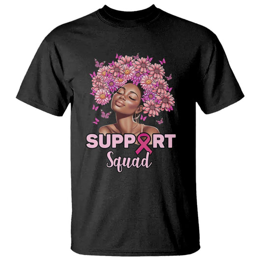 Breast Cancer Support Squad T Shirt Black Afro Women Warrior Pink Ribbon Sunflower