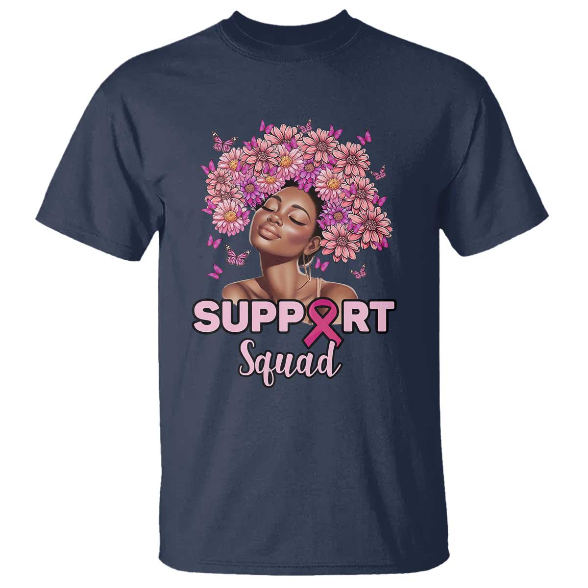 Breast Cancer Support Squad T Shirt Black Afro Women Warrior Pink Ribbon Sunflower