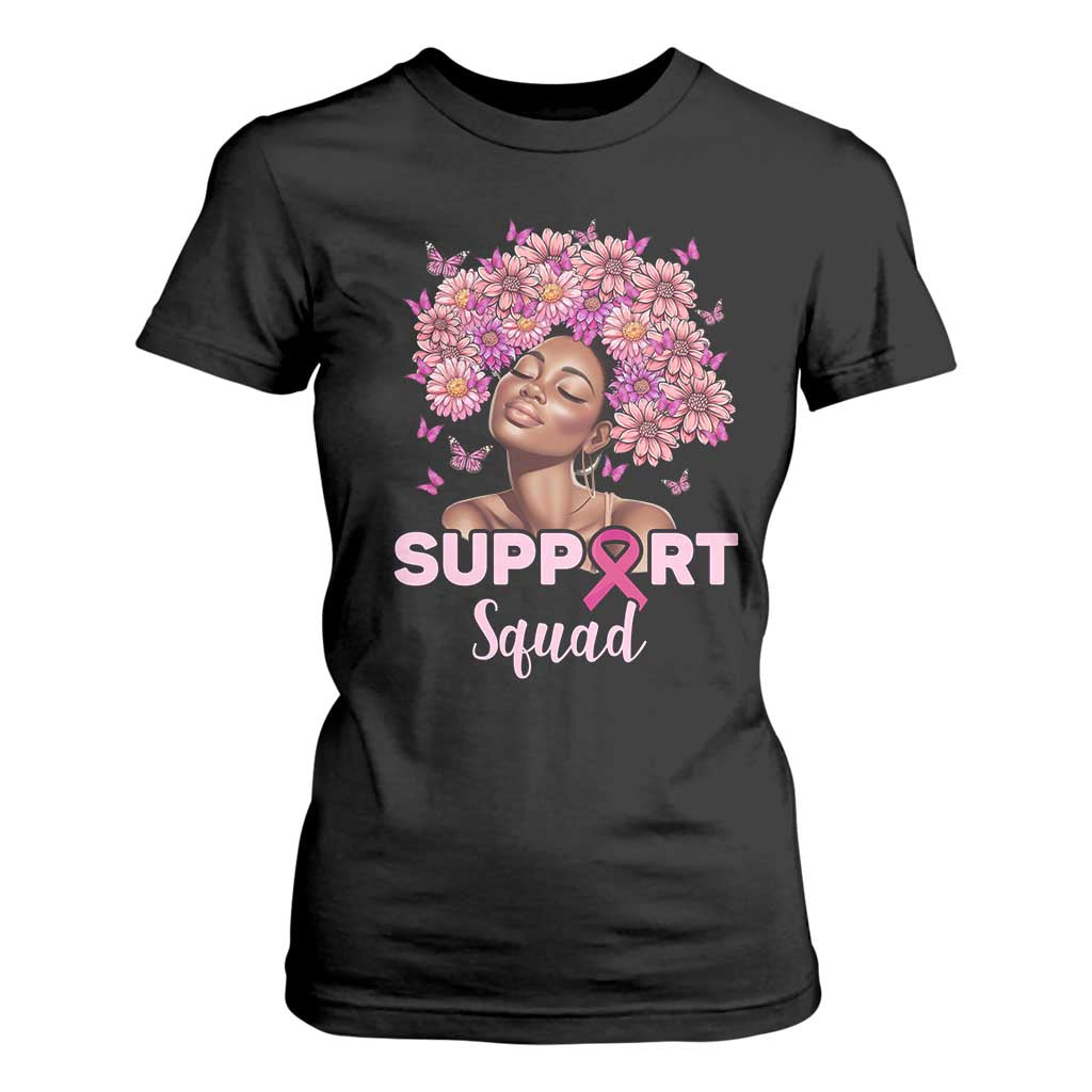 Breast Cancer Support Squad T Shirt For Women Black Afro Women Warrior Pink Ribbon Sunflower