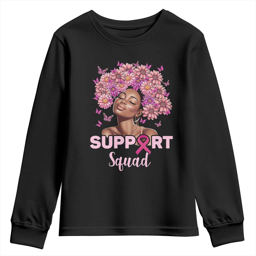 Breast Cancer Support Squad Youth Sweatshirt Black Afro Women Warrior Pink Ribbon Sunflower