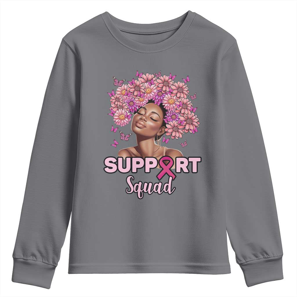 Breast Cancer Support Squad Youth Sweatshirt Black Afro Women Warrior Pink Ribbon Sunflower