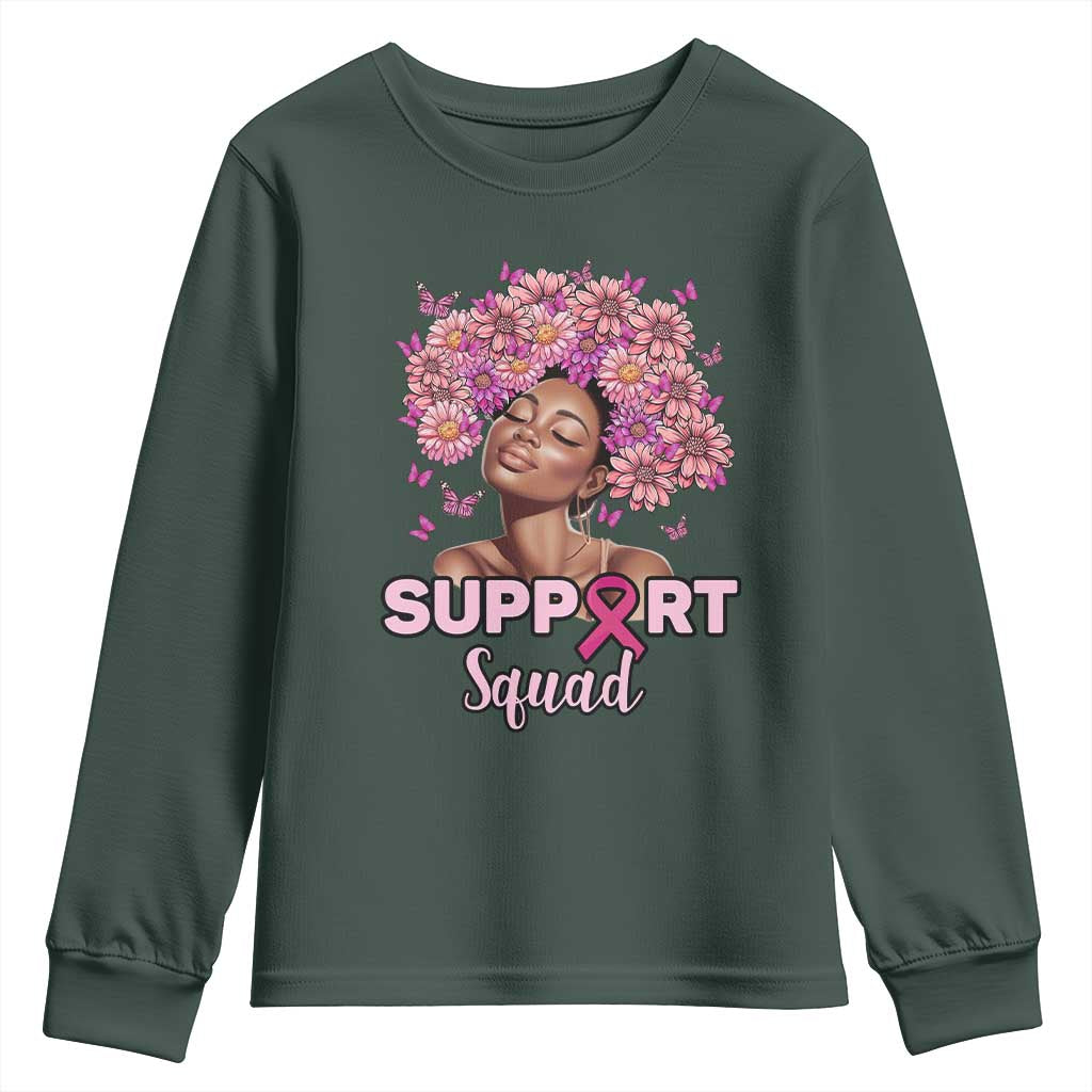 Breast Cancer Support Squad Youth Sweatshirt Black Afro Women Warrior Pink Ribbon Sunflower