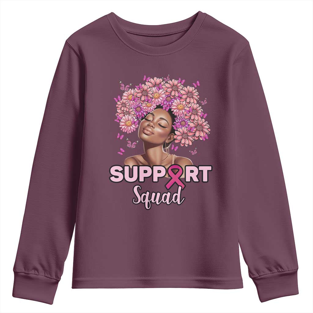 Breast Cancer Support Squad Youth Sweatshirt Black Afro Women Warrior Pink Ribbon Sunflower