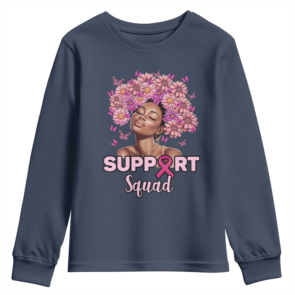 Breast Cancer Support Squad Youth Sweatshirt Black Afro Women Warrior Pink Ribbon Sunflower