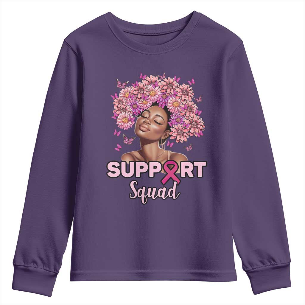 Breast Cancer Support Squad Youth Sweatshirt Black Afro Women Warrior Pink Ribbon Sunflower