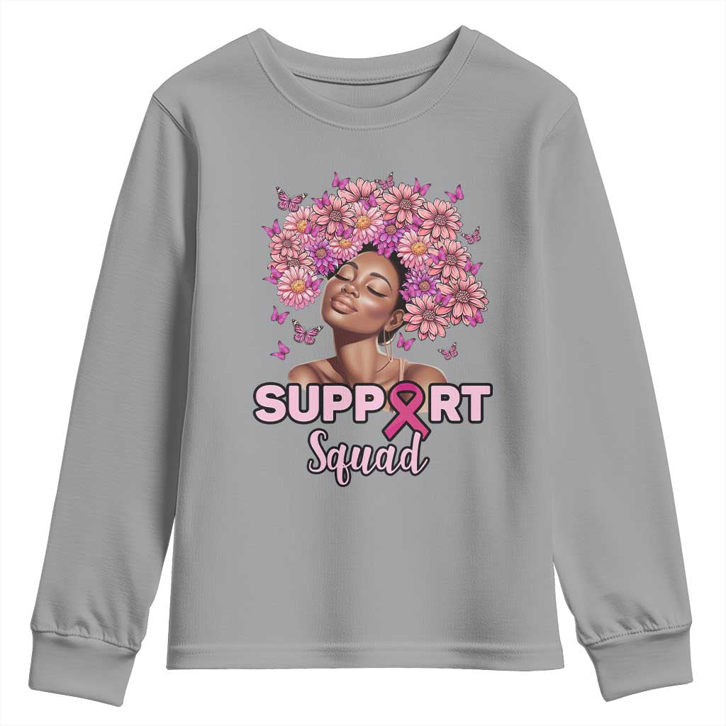 Breast Cancer Support Squad Youth Sweatshirt Black Afro Women Warrior Pink Ribbon Sunflower