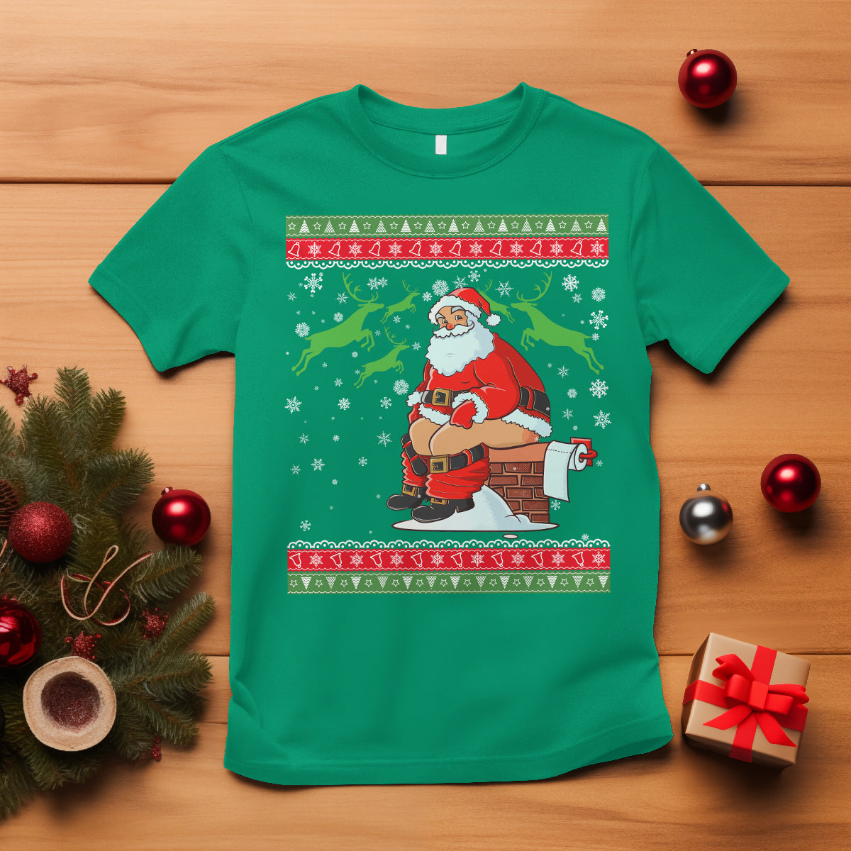 funny-santa-claus-t-shirt-pooping-down-the-chimney-ugly-sweater-christmas
