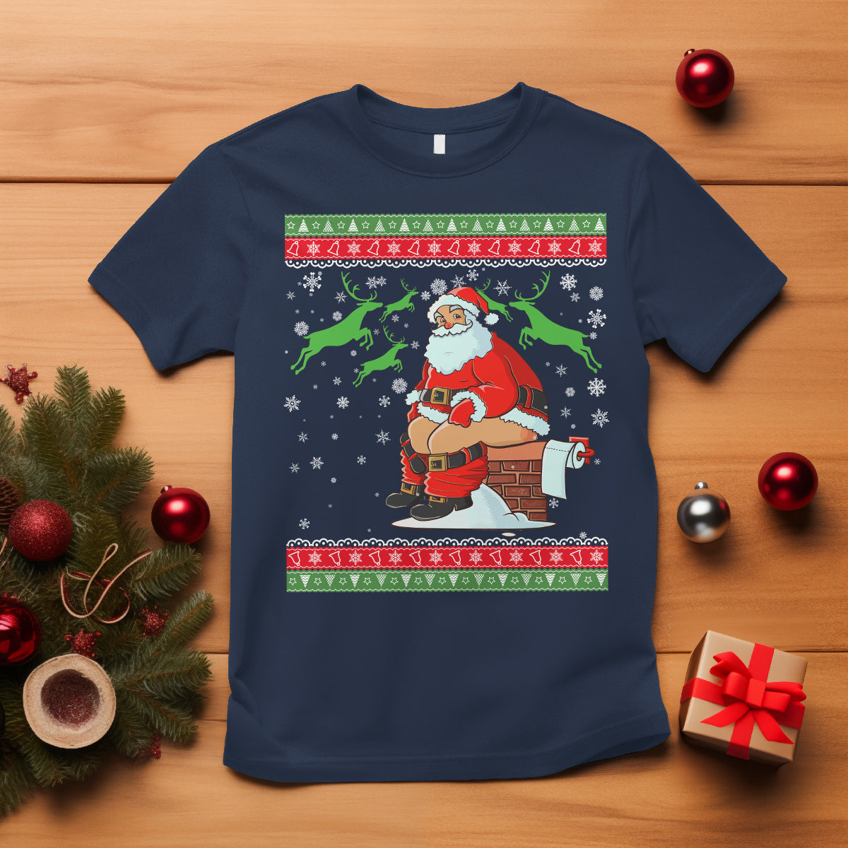 funny-santa-claus-t-shirt-pooping-down-the-chimney-ugly-sweater-christmas