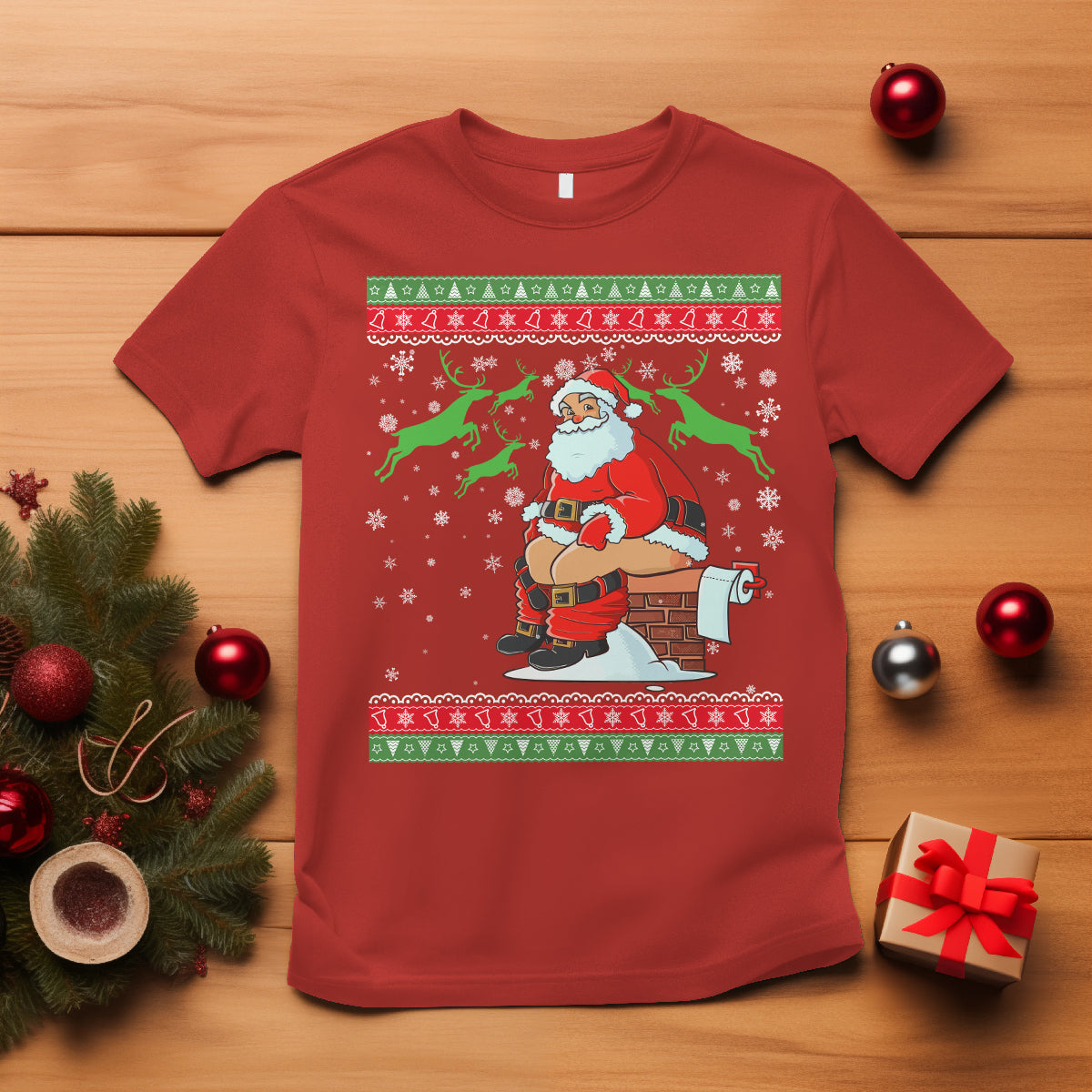 funny-santa-claus-t-shirt-pooping-down-the-chimney-ugly-sweater-christmas