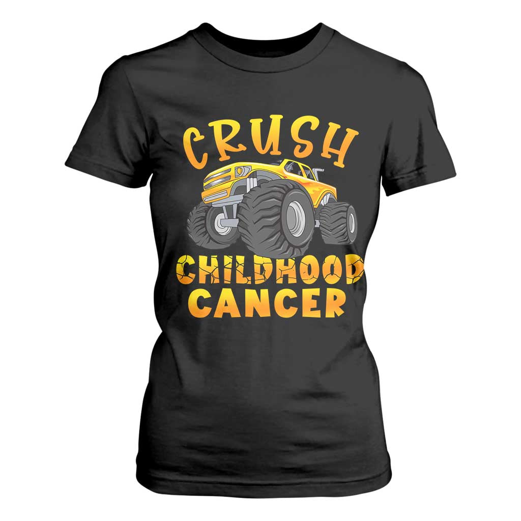 Childhood Cancer Warrior Support T Shirt For Women Crush Cancer Monster Truck Gold Ribbon