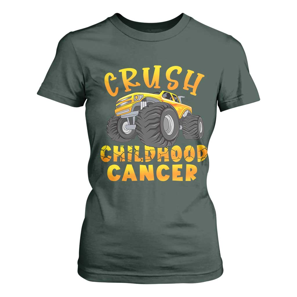 Childhood Cancer Warrior Support T Shirt For Women Crush Cancer Monster Truck Gold Ribbon