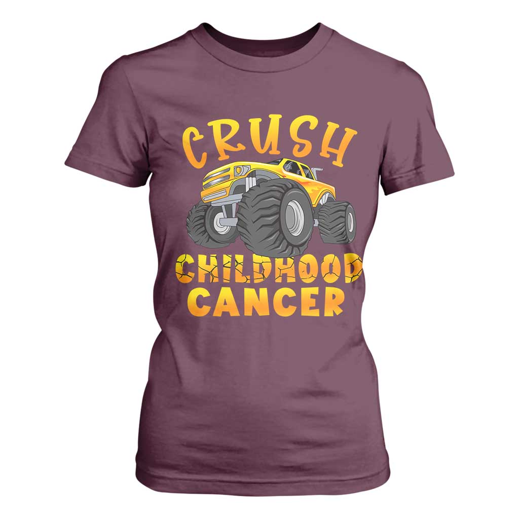 Childhood Cancer Warrior Support T Shirt For Women Crush Cancer Monster Truck Gold Ribbon